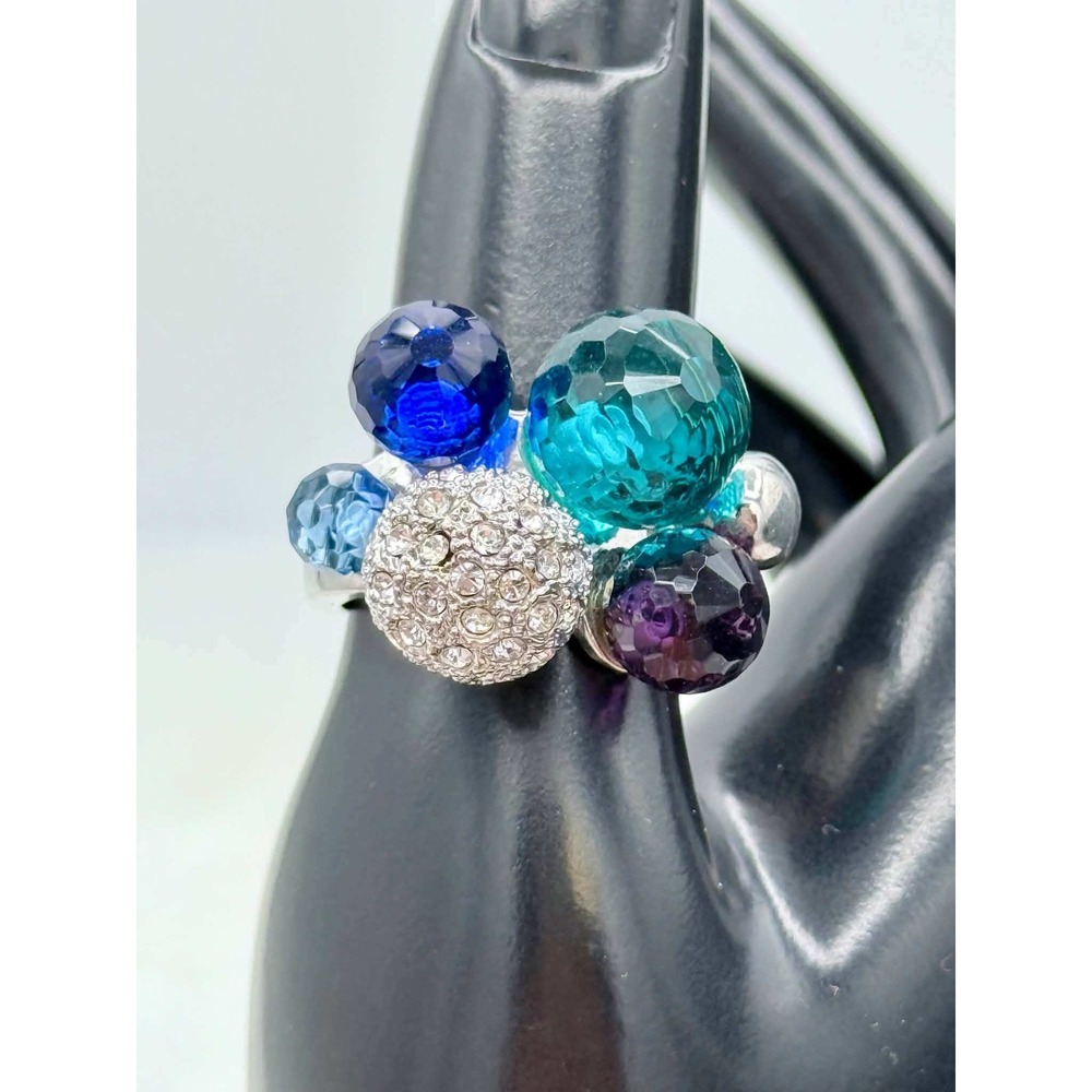 Womens Multicolor Crystal Cluster Statement Ring Silver Tone Pave Rhinestone Orb
